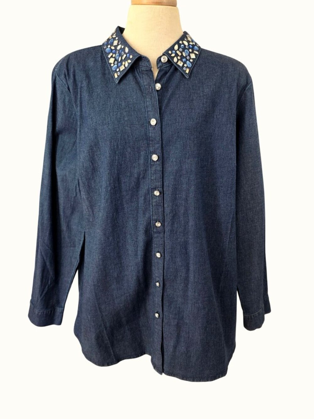 Quacker Factory Jeanne Bice Embellish Stretch Denim Shirt Sz L Rhinestone Collar